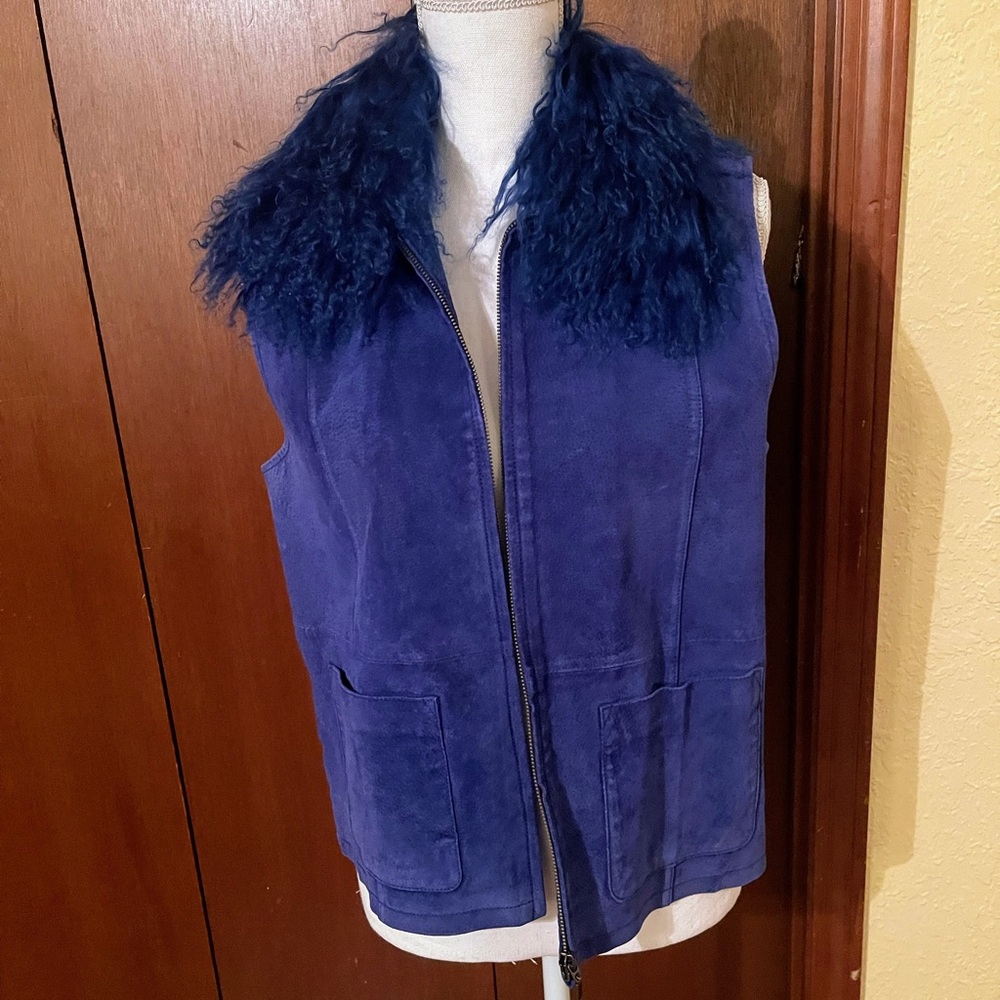 Elegant Cobalt Blue Suede Vest with Removable Collar Size Medium